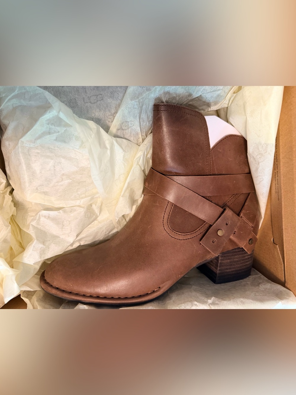 UGG Chestnut Brown Leather Ankle Bootie with Wrap Strap